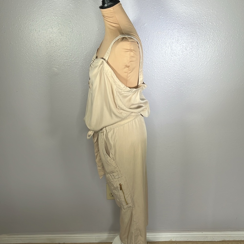 Vintage Y2K Cache sleeveless tan casual waist tie utility jumpsuit sz M - Picture 2 of 8